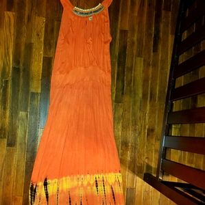 One world beaded neckline faux wrap waist slimming orange maxi dress large